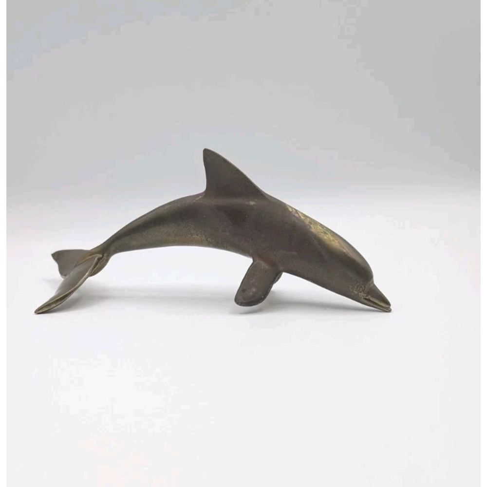 Vintage Solid Brass Dolphin Figurine 8" Coastal Nautical Beach Decor Paperweight